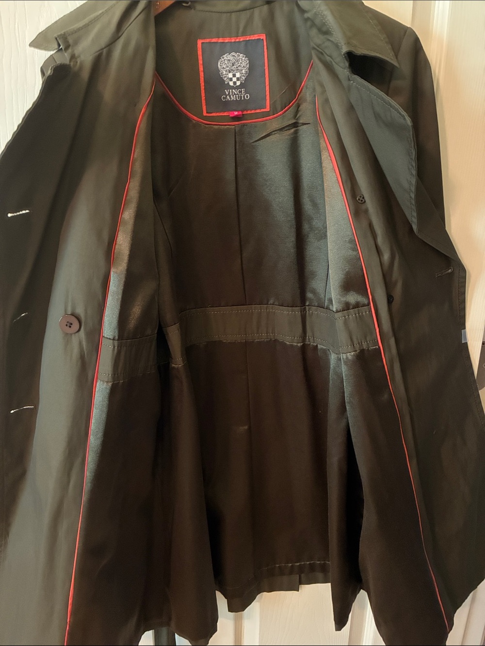 VINCE CAMUTO BELTED TRENCH COAT- GREEN - MEDIUM - EUC - Picture 9 of 14